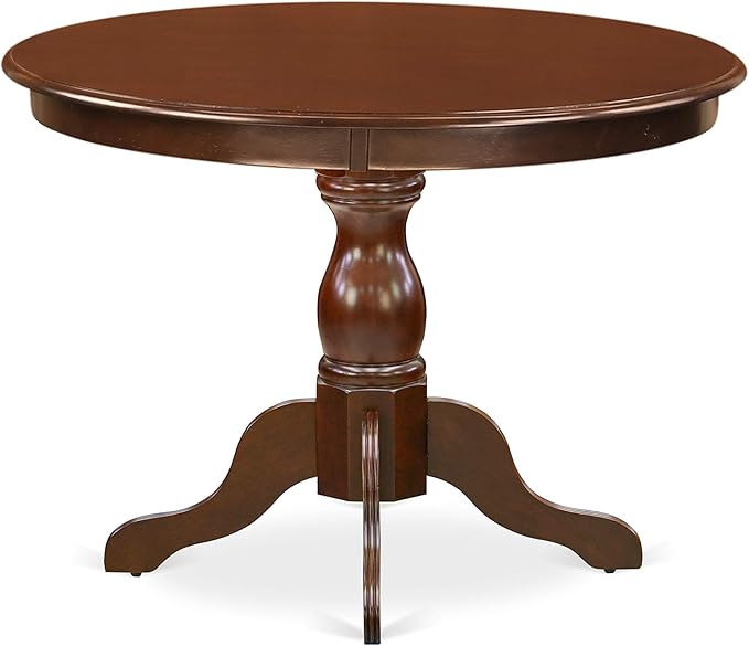 East West Furniture HBEL5-MAH-16 Hartland 5 Piece Kitchen Set for 4 Includes a Round Room Table with Pedestal and 4 Dark Khaki Linen Fabric Parsons Dining Chairs, 42x42 Inch - LeafyLoom