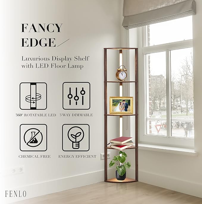 FENLO Fancy - LED Display Shelf with Dimmable Lights, LED Shelf Floor Lamps for Living Room, Sturdy Corner Shelf Curio Cabinet Display, Tall Floor Lamps with Shelves - LeafyLoom