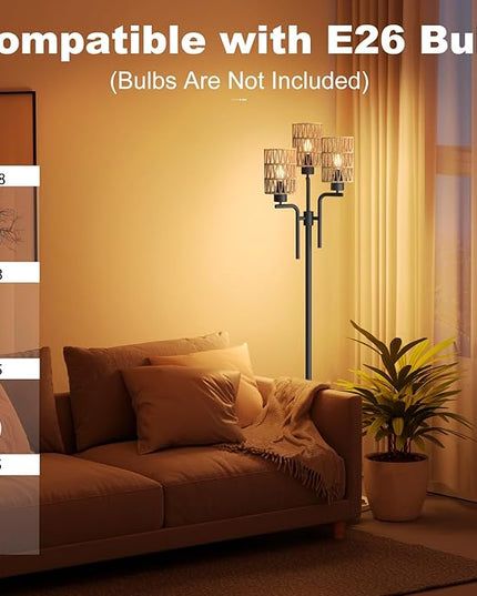 Rattan Floor Lamp, Boho Style Standing Lamp with Foot Switch, 3 Head E26 Universal Sockets, Metal Standing Floor Lamp for Living Room, Bedroom (Bulb Not Included) - LeafyLoom
