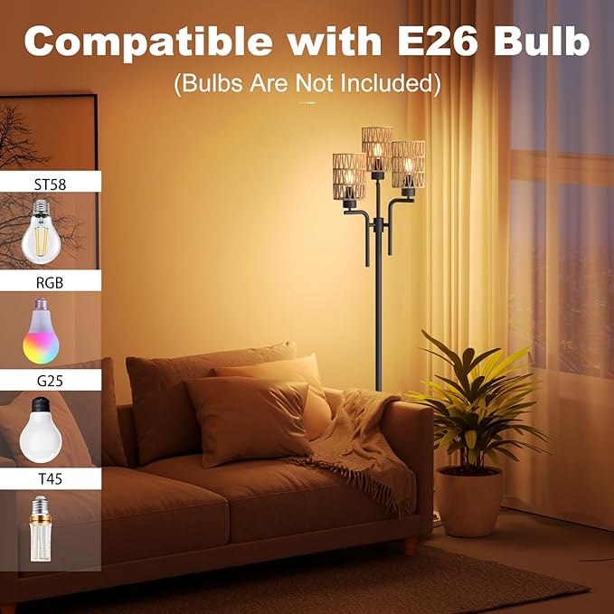 Rattan Floor Lamp, Boho Style Standing Lamp with Foot Switch, 3 Head E26 Universal Sockets, Metal Standing Floor Lamp for Living Room, Bedroom (Bulb Not Included) - LeafyLoom