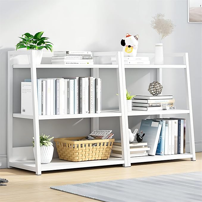 IOTXY 3 Tier Open Bookshelf - Steel and Wood Display Stand, 50CM Width Floor-Standing Bookcase, White - LeafyLoom