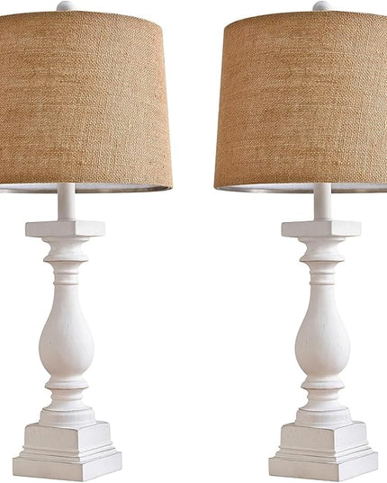 BOBOMOMO 27" USB A+C Farmhouse Table Lamp Set of 2 Vintage Rustic Traditional Nightstand Bedside Lamps Retro Side Table Lamps (Washed White) - LeafyLoom