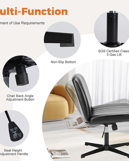 Sweetcrispy Cross Legged Office Chair, Criss Cross Chair Armless Wide Desk Chair No Wheels, Adjustable Swivel Home Office Vanity Chair - LeafyLoom