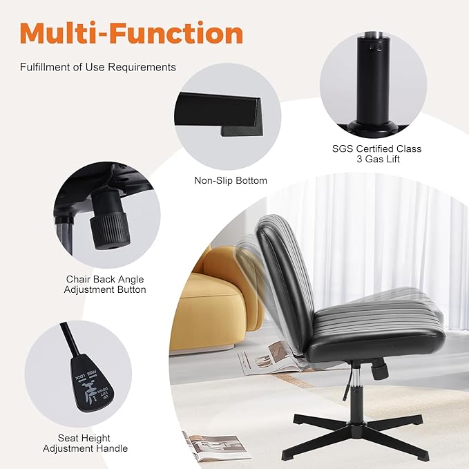 Sweetcrispy Cross Legged Office Chair, Criss Cross Chair Armless Wide Desk Chair No Wheels, Adjustable Swivel Home Office Vanity Chair - LeafyLoom