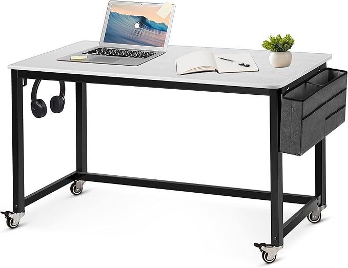 AHB 55" Rolling Computer Desk with 4 Smooth Wheels, Simple Style Mobile Writing Desk Home Office Study Table Movable Workstation with Metal Frame - LeafyLoom