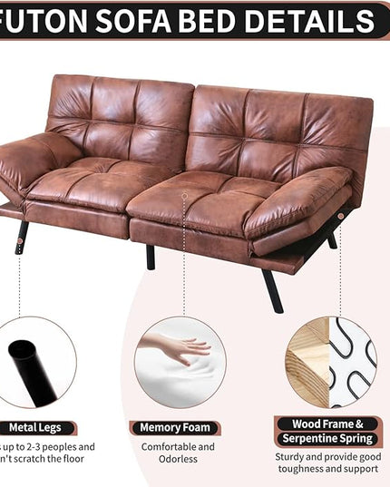 MUUEGM Futon Sofa Bed Convertible Memory Foam Sleeper Couch,Modern Faux Leather Loveseat for Living Room,Small Compact Space,Dorm,Office,Adjustable Armrests Backrest Sofabed, Dark Brown - LeafyLoom
