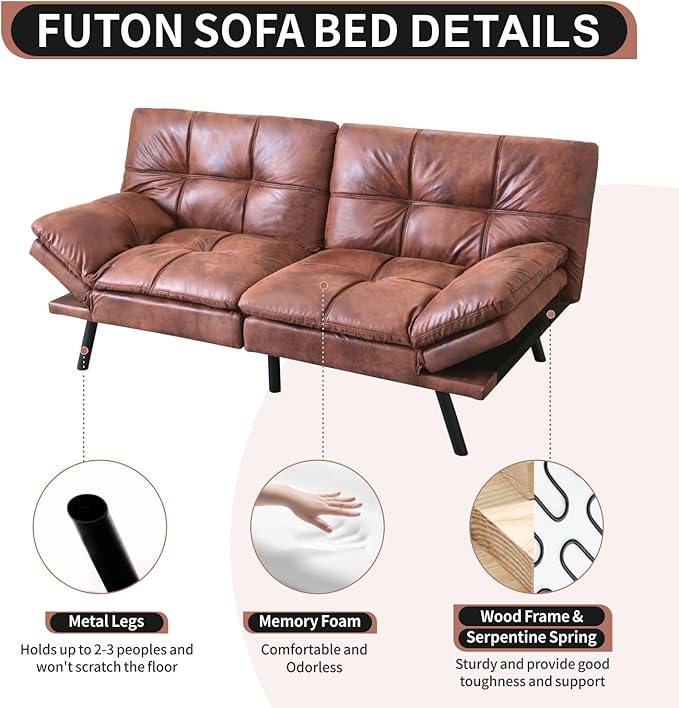 MUUEGM Futon Sofa Bed Convertible Memory Foam Sleeper Couch,Modern Faux Leather Loveseat for Living Room,Small Compact Space,Dorm,Office,Adjustable Armrests Backrest Sofabed, Dark Brown - LeafyLoom