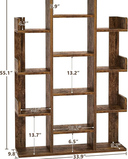 Aheaplus Bookshelf, Tree-Shaped Bookcase Storage Shelf with 13 compartments, Books Organizer Display Cube Shelves, Industrial Free Floor Standing Wood Open Bookshelves for Home - LeafyLoom