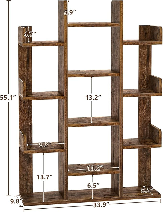 Aheaplus Bookshelf, Tree-Shaped Bookcase Storage Shelf with 13 compartments, Books Organizer Display Cube Shelves, Industrial Free Floor Standing Wood Open Bookshelves for Home - LeafyLoom
