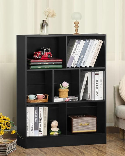 YAHARBO Black 7 Cube Bookshelf,3 Tier Modern Horizontal Bookcase,Wooden Low Book Shelf Display Storage Cabinet with Base,Floor Standing Short Bookshelves Open Organizer for Bedroom,Living Room,Office - LeafyLoom