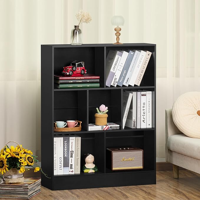 YAHARBO Black 7 Cube Bookshelf,3 Tier Modern Horizontal Bookcase,Wooden Low Book Shelf Display Storage Cabinet with Base,Floor Standing Short Bookshelves Open Organizer for Bedroom,Living Room,Office - LeafyLoom
