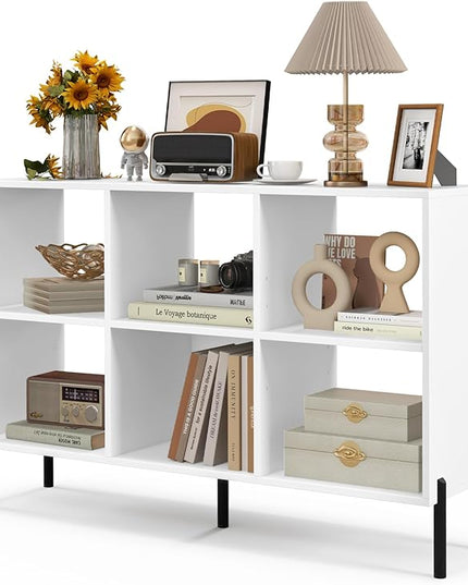 LOKO 6 Cube Bookcase, 3-Tier Floor Open Bookshelf with 5 Metal Legs, Cube Storage Organizer with Adjustable Shelves, Modern Display Shelving for Living Room, Study, Bedroom, Office (white) - LeafyLoom