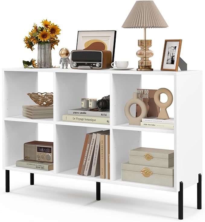 LOKO 6 Cube Bookcase, 3-Tier Floor Open Bookshelf with 5 Metal Legs, Cube Storage Organizer with Adjustable Shelves, Modern Display Shelving for Living Room, Study, Bedroom, Office (white) - LeafyLoom
