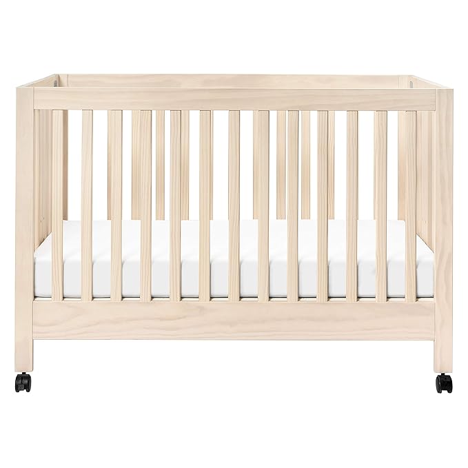 Babyletto Maki Full-Size 2-in-1 Portable Folding Crib with Toddler Bed Conversion Kit in Washed Natural, Greenguard Gold Certified - LeafyLoom