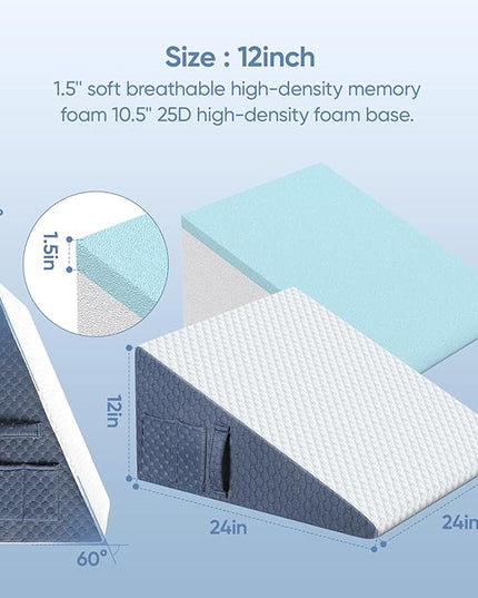 Wedge Pillow with Extra Replaceable Washable Covers, 2024 New 12'' Bed Wedge Pillow for Sleep Apnea, Acid Reflux, Heartburn, GERD, Cooling Memory Foam Top Incline Pillow for Improved Sleep - LeafyLoom