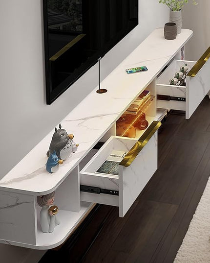 Pmnianhua LED Floating TV Stand with 2 Drawers,78'' Floating TV Shelf with LED Lights,Wall Mounted Media Console,Floating Entertainment Center with Storage for Bedroom Playroom Living Room(White) - LeafyLoom