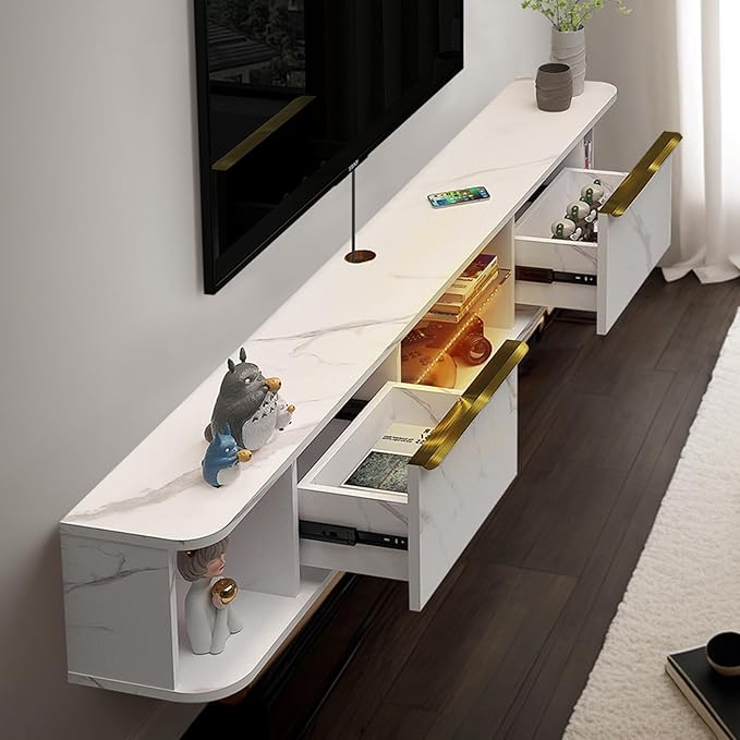 Pmnianhua LED Floating TV Stand with 2 Drawers,78'' Floating TV Shelf with LED Lights,Wall Mounted Media Console,Floating Entertainment Center with Storage for Bedroom Playroom Living Room(White) - LeafyLoom