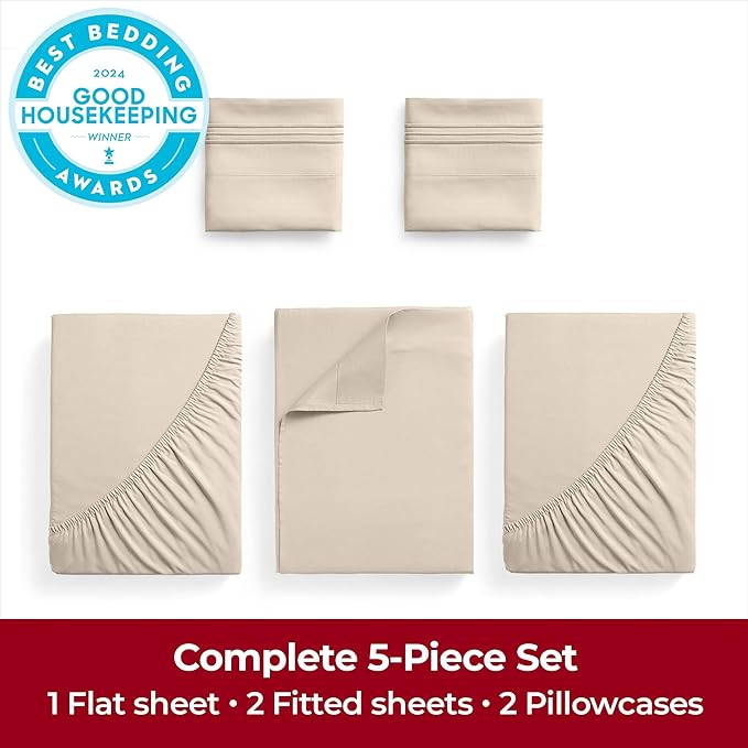 Mellanni Extra Deep Split King Sheets - 5 PC Iconic Collection Bedding Sheets & Pillowcases - Hotel Luxury, Ultra Soft, Cooling Bed Sheets - Extra Deep Pocket up to 21 inch (Split King, Burnt Sand) - LeafyLoom