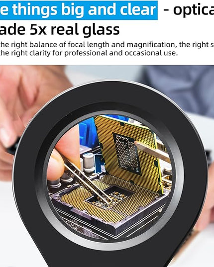 Magnifying Glass with Light and Stand & Clamp, Magnifying Desk Lamp with LED Lighted 5X Magnifier, Dual Fixtures, Upgraded Switch, for Hobby Craft Repair Reading Precision Work - LeafyLoom