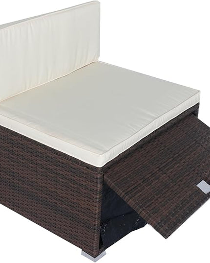 11 Pieces Outdoor Furniture Sofa, 10 Seater Patio Sectional Set with 3 Storage Box Under Seat Brown Wicker + White Cushion for Garden, Balcony, Poolside, Backyard, Zk-Beige - LeafyLoom