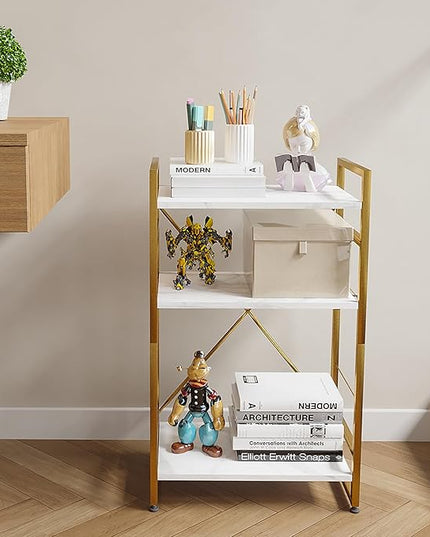 Bookshelf Organizer,3 Tiers Adjustable White Faux Marble Small Bookcase for Small Space,Industrial Wooden Storage Bookcase Display Rack and Storage Organizer for Living Room Home Office(Glod - LeafyLoom