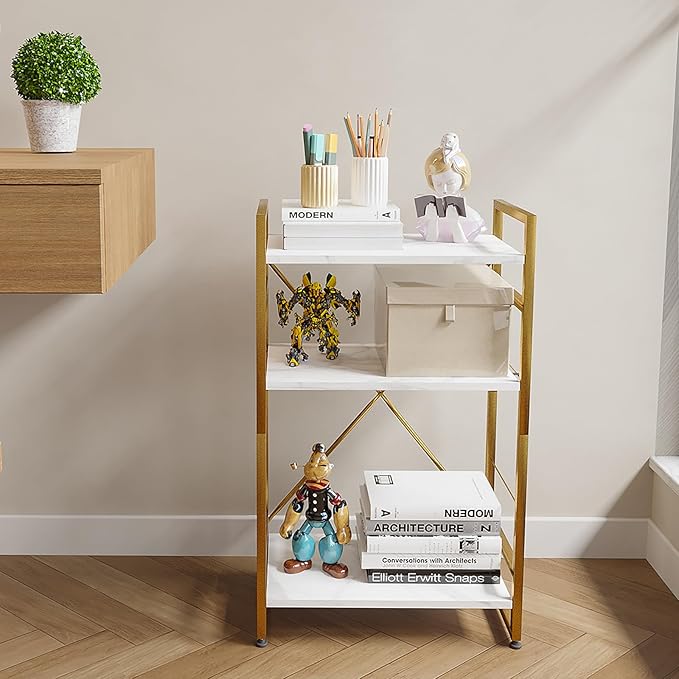 Bookshelf Organizer,3 Tiers Adjustable White Faux Marble Small Bookcase for Small Space,Industrial Wooden Storage Bookcase Display Rack and Storage Organizer for Living Room Home Office(Glod - LeafyLoom