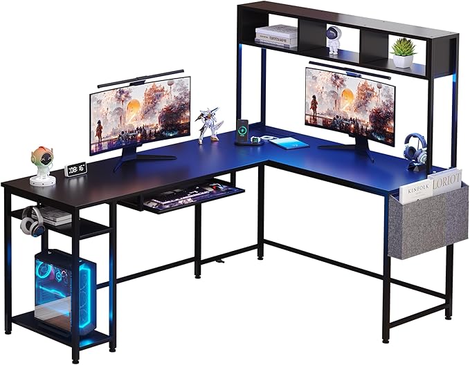 Shintenchi 66" L Shaped Home Office Desk, Reversible Gaming Desk with LED Lights and Power Outlet, Computer Desk with Keyboard Tray, Hook, Storage Bag and Shelf for Home Office, Black - LeafyLoom