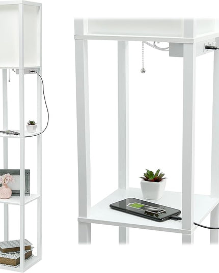 Simple Designs LF1037-WHT Floor Lamp Etagere Organizer Storage Shelf with 2 USB Charging Ports, 1 Charging Outlet and Linen Shade, White - LeafyLoom