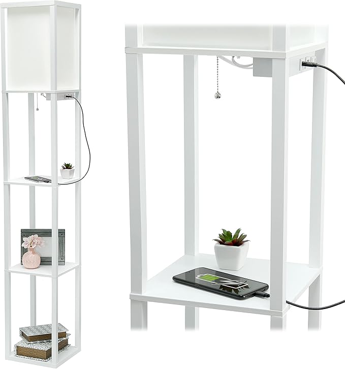Simple Designs LF1037-WHT Floor Lamp Etagere Organizer Storage Shelf with 2 USB Charging Ports, 1 Charging Outlet and Linen Shade, White - LeafyLoom