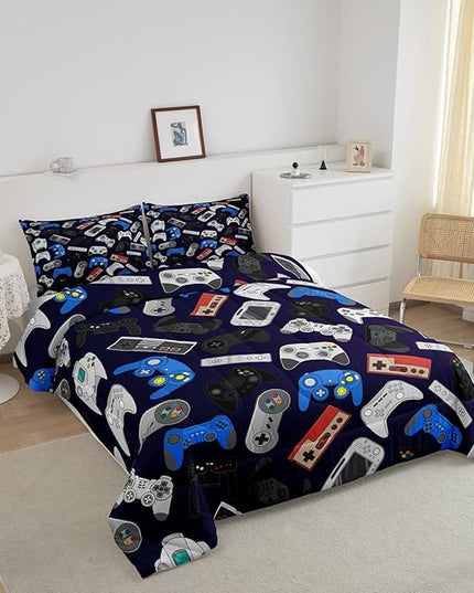 Erosebridal Teens Gamer Comforter Set King Size, Modern Game Down Comforter for Kids Boys Children, Video Game Bedding Set,Player Gaming Gamepad Joystick Soft Quilt Set Room Decor - LeafyLoom