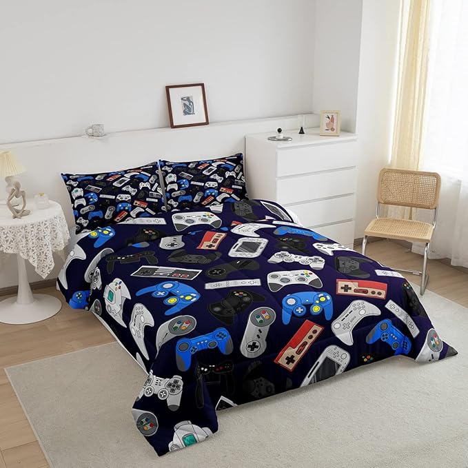 Erosebridal Boy Game Comforter Set Full Size Modern Gamer Down Comforter for Kids Girls Teens Children, Video Game Bedding Set,Player Gaming Gamepad Soft Lightweight Duvet Set Room Decor - LeafyLoom