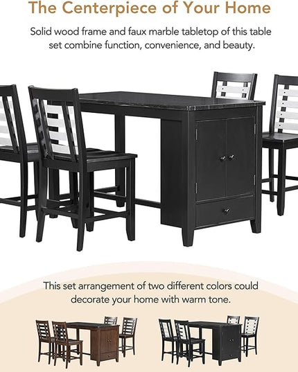 NicBex Dining Room Table Set for 4 Kitchen Table and Chairs Counter Height 5-Piece Dining Table Set with Faux Marble Tabletop, Solid Wood Table Set with Storage Cabinet and Drawer, Black - LeafyLoom
