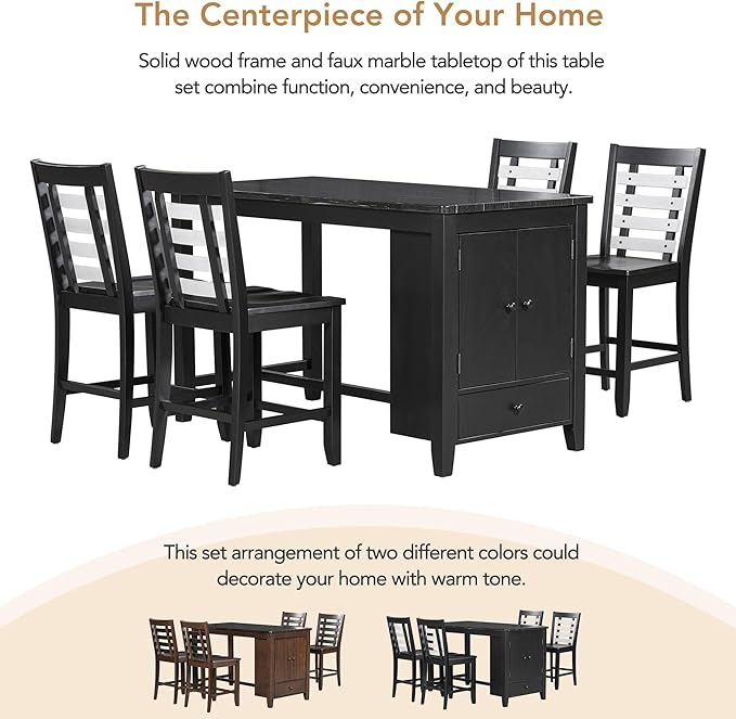 NicBex Dining Room Table Set for 4 Kitchen Table and Chairs Counter Height 5-Piece Dining Table Set with Faux Marble Tabletop, Solid Wood Table Set with Storage Cabinet and Drawer, Black - LeafyLoom