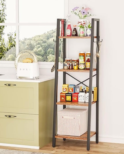 YMYNY 4 Tiers Ladder Bookcase, Industrial Narrow Bookshelf, Open Display Rack with 4 S Hooks, Metal Storage Shelves for Bedroom, Home Office, Living Room, Rustic Brown, 49.2H*13.4L*11.8W, UHBC024H - LeafyLoom