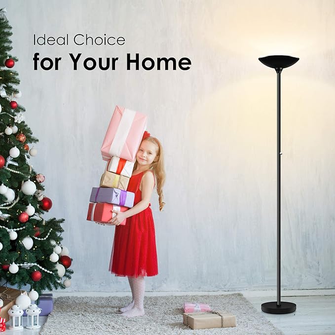 BoostArea Torchiere Floor Lamp, 24W Super Bright LED Standing Lamp, Stepless Dimmable Pole Lamp with 3000K Lighting, Rotary Switch, 70 Inch Tall Metal Modern Floor lamps for Living Room/Bedroom Black - LeafyLoom
