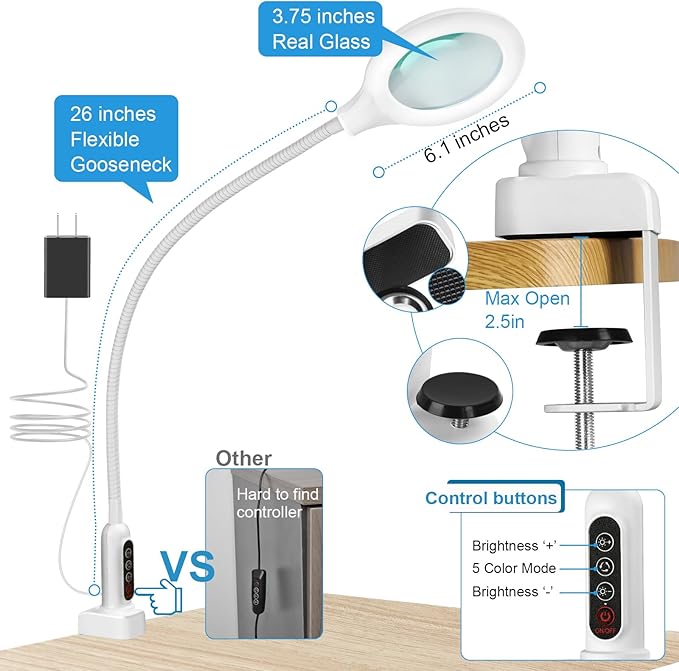 26" Gooseneck Magnifying Lamp with Clamp, 5 Color Modes Stepless Dimmable LED Desk Light with Magnifying Glass, 8X Real Glass Lighted Magnifier Hands Free for Painting Close Work Craft Hobby - LeafyLoom