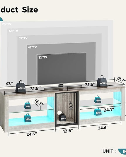Bestier TV Stand for 70 inch TV, Gaming Entertainment Center for PS5, LED TV Cabinet with Glass Shelves for Living Room, 63'' Inch, White Wash - LeafyLoom