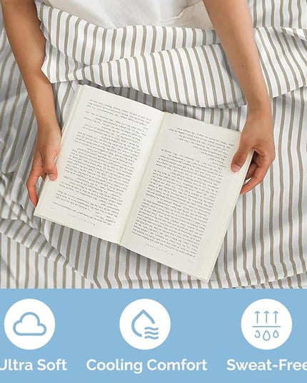 King Size 4 Piece Sheet Set - Comfy Breathable & Cooling Sheets - Hotel Luxury Bed Sheets for Women & Men - Deep Pockets, Easy-Fit, Soft & Wrinkle Free Sheets - Beige Stripes Oeko-Tex Bed Sheet Set - LeafyLoom