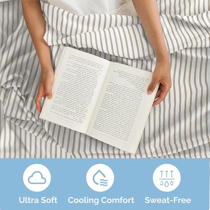 Twin Size 3 Piece Sheet Set - Comfy Breathable & Cooling Sheets - Hotel Luxury Bed Sheets for Women & Men - Deep Pockets, Easy-Fit, Soft & Wrinkle Free Sheets - Beige Stripes Oeko-Tex Bed Sheet Set - LeafyLoom