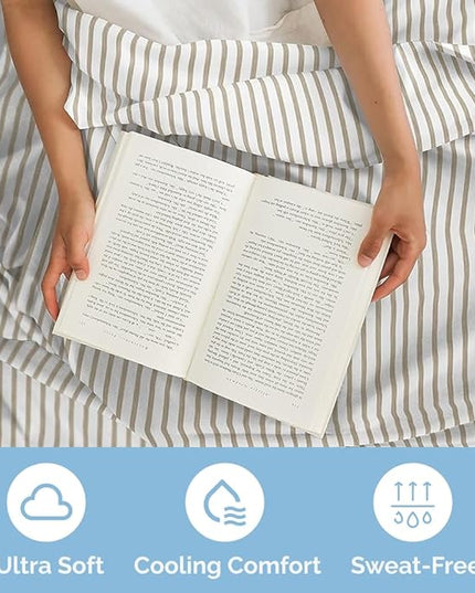 Full Size 4 Piece Sheet Set - Comfy Breathable & Cooling Sheets - Hotel Luxury Bed Sheets for Women & Men - Deep Pockets, Easy-Fit, Soft & Wrinkle Free Sheets - Beige Stripes Oeko-Tex Bed Sheet Set - LeafyLoom