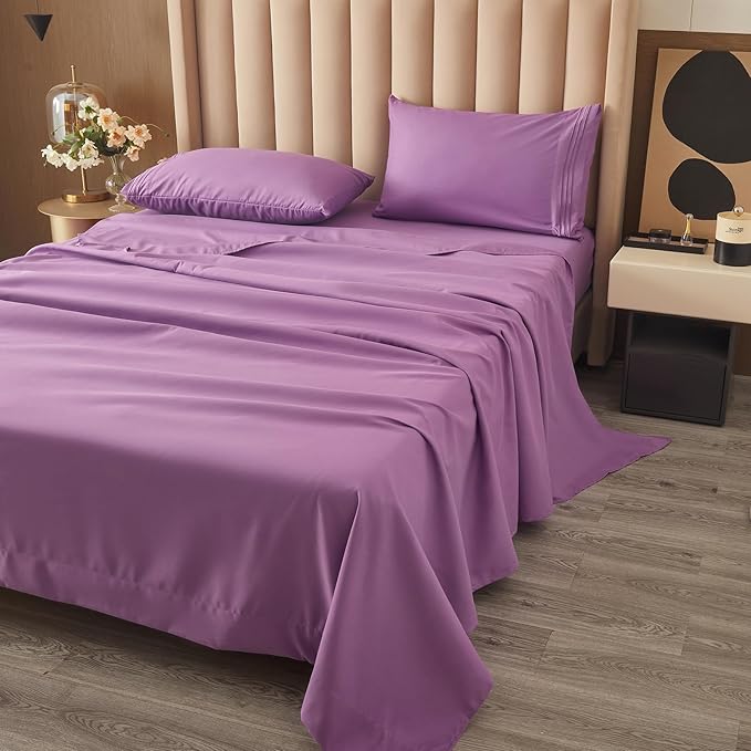 Bed Sheet Set - Brushed Microfiber Bedding - Bedding Sheets & Pillowcases - Deep Pockets - Easy Fit - Breathable & Soft Hotel Sheets - 4 Piece Full Purple - LeafyLoom