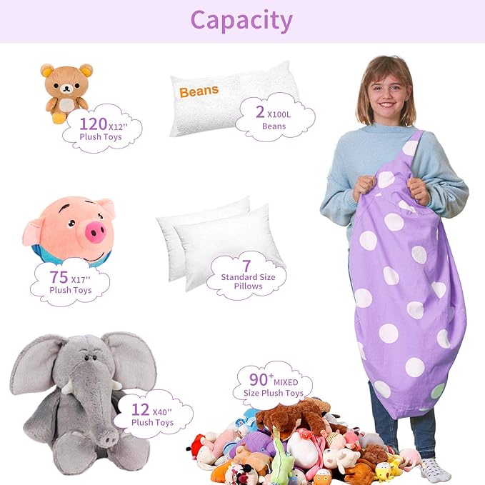 Aubliss Stuffed Animal Bean Bag Storage Chair, Beanbag Covers Only for Organizing Plush Toys, Turns into Bean Bag Seat for Kids When Filled, Large 38"-Canvas Dot Light Purple - LeafyLoom