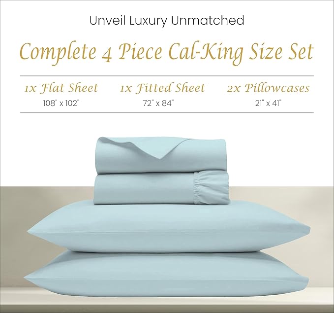 Bluemoon Homes 100% Egyptian Cotton California King Sheets Set, 1000 Thread Count Long Staple Cotton, Thick Sateen Cal King Sheets with 18 Inch Deep Pocket, Ultra Soft & Breathing Cotton - Aqua Blue - LeafyLoom