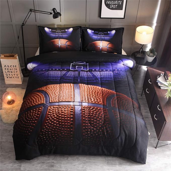 Btargot Basketball Comforter Sets Full for Boys Teens,3D Sports Basketball Bedding,Soft Microfiber Reversible Quilt with 2 Matching Pillow Shams - LeafyLoom