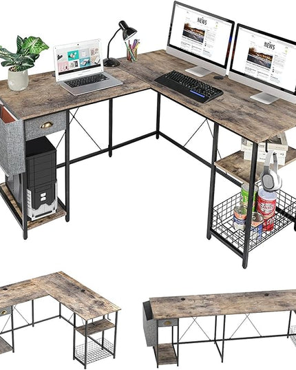 X-cosrack 2 Person Desk Large L-Shaped Computer Desk with Storage Shelves Drawer, Home Office Writing Corner Desk, Long Desk PC Laptop Workstation with Hooks Storage Bag Cable Hole - LeafyLoom