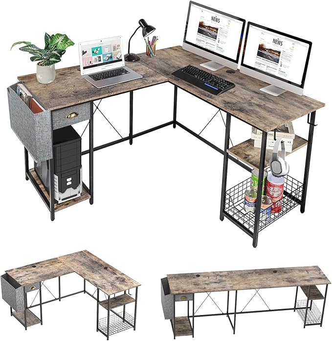 X-cosrack 2 Person Desk Large L-Shaped Computer Desk with Storage Shelves Drawer, Home Office Writing Corner Desk, Long Desk PC Laptop Workstation with Hooks Storage Bag Cable Hole - LeafyLoom
