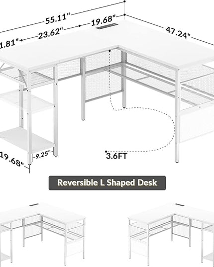 Unikito Magic Portable 4 Outlets L Shaped Desk, Reversible 55 Inch L-Shaped Computer Desk with Storage Shelf and USB Charging Port, Unique Grid Design, Large Gaming Corner Table for Home Office, White - LeafyLoom
