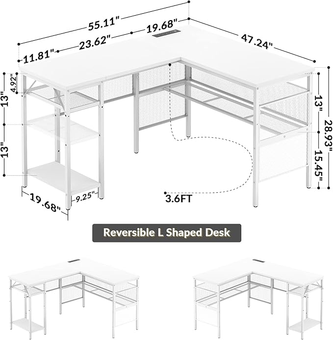 Unikito Magic Portable 4 Outlets L Shaped Desk, Reversible 55 Inch L-Shaped Computer Desk with Storage Shelf and USB Charging Port, Unique Grid Design, Large Gaming Corner Table for Home Office, White - LeafyLoom