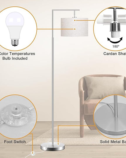 FAGUANGAO Silver Floor Lamp with 3 Color Tempratures LED Bulb, Modern Standing Lamp with Hanging Drum Shade for Living Room, Bedroom, Study Room, Office(Bulb Included) - LeafyLoom