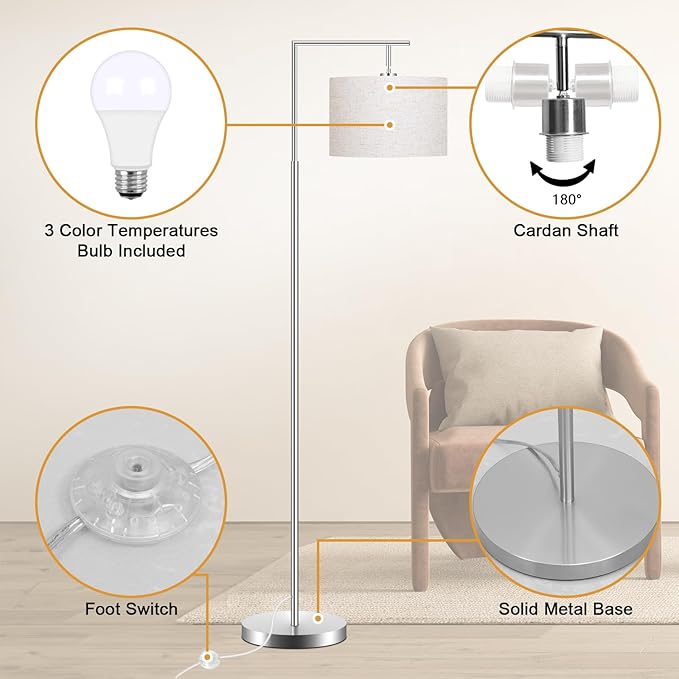 FAGUANGAO Silver Floor Lamp with 3 Color Tempratures LED Bulb, Modern Standing Lamp with Hanging Drum Shade for Living Room, Bedroom, Study Room, Office(Bulb Included) - LeafyLoom